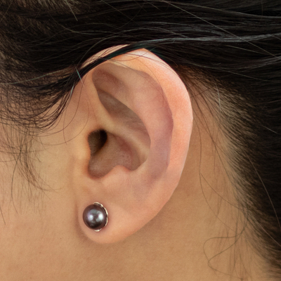 Cultured pearl stud earrings, 'Black Nascent Flower' - Handcrafted Black Cultured Pearl Stud Earrings