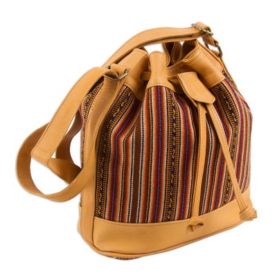 Brown Leather Messenger Bag with Handwoven Wool Andean Earth