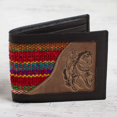 Men's wool accent leather wallet, 'Red Caballero' - Cowboy Theme Men's Black Leather Red Wool Wallet