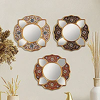 Reverse painted glass mirrors, 'Floral Trio' (set of 3) - Set of 3 Collectible Petite Reverse Painted Glass Mirrors