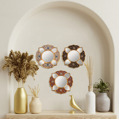 Reverse painted glass mirrors, 'Floral Trio' (set of 3) - Set of 3 Collectible Petite Reverse Painted Glass Mirrors