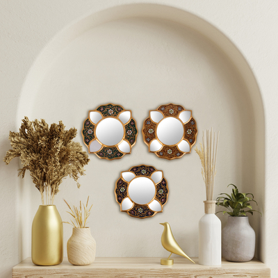 Espejos de vidrio pintado al revés, (juego de 3) - 3 pequeños espejos de vidrio pintado floral andino al revés