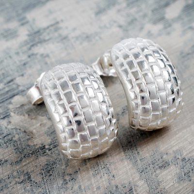 Sterling silver half hoop earrings, 'Silver Brick Road' - Modern Brick Pattern Sterling Silver Earrings from Peru