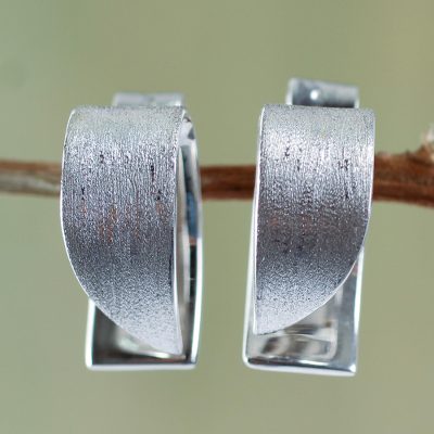 Sterling silver button earrings, 'Graceful Curves' - Handcrafted Modern Textured Sterling Silver Earrings