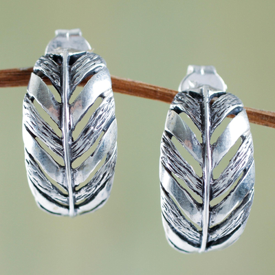 Sterling silver half hoop earrings, 'Rainforest Philodendron' - Modern Leaf Theme Handcrafted Sterling Silver Earrings