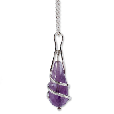 Amethyst pendant necklace, 'Precious Droplet' - Sterling Silver and Amethyst Briolette Necklace from Peru