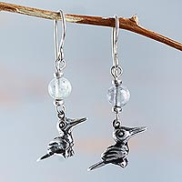 Fluorite dangle earrings, 'Inca Sparrow' - Handcrafted Fluorite Bird Earrings in Sterling Silver