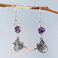 Sterling Silver Handcrafted Purple Fluorite Bird Earrings,'Purple Inca Sparrow'