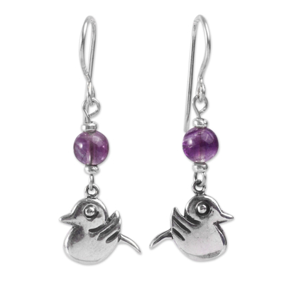 Fluorite dangle earrings, 'Purple Inca Sparrow' - Sterling Silver Handcrafted Purple Fluorite Bird Earrings