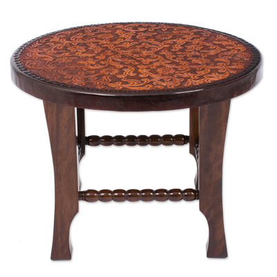 Colonial Style Leather on Wood 24 Inch Round Accent Table