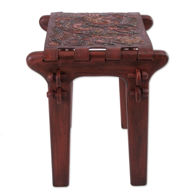Tornillo wood and leather stool, 'Andean Paradise' - Birds and Flowers Embossed on Leather and Wood Stool