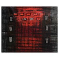 'Rebirth' - Abstract Oil Painting in Red and Grey from Peru