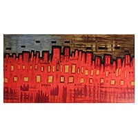 'Suburb' - Original Expressionist Painting of Red Peruvian Metropolis