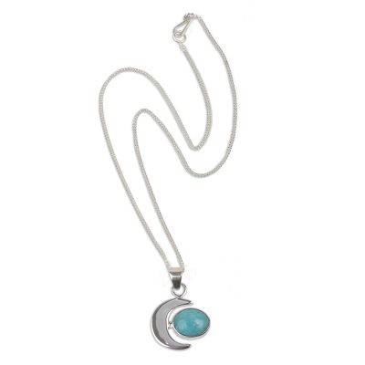 Amazonite pendant necklace, 'Moon Lake' - Peruvian Amazonite and Silver Moon Pendant Necklace