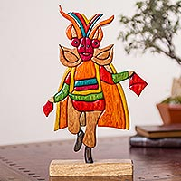 Wood sculpture, 'Diablada' - Multicolor Wood Sculpture of Traditional Andean Dancer