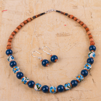 Ceramic flower Jewellery set, 'Precious Blue' - Jewellery Set with Hand Painted Flowers on Ceramic Beads