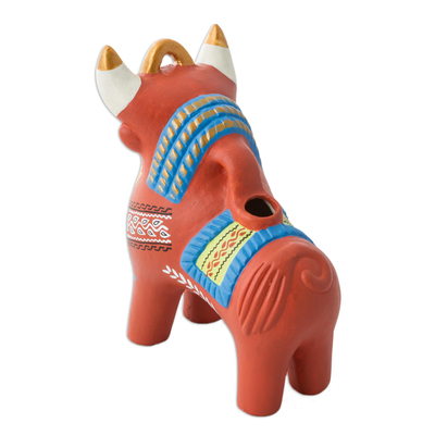 Ceramic statuette, 'Festive Pucara Bull' - Artisan Crafted Ceramic Traditional Peruvian Bull Statuette