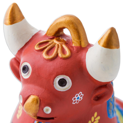 Ceramic statuette, 'Festive Pucara Bull' - Artisan Crafted Ceramic Traditional Peruvian Bull Statuette