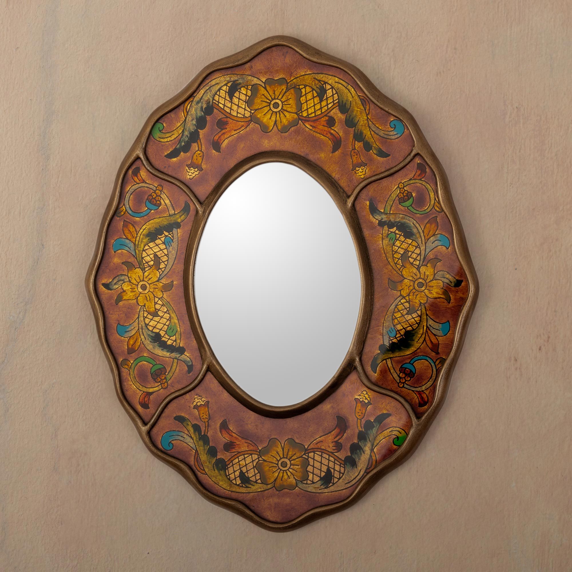 Reverse Painted Glass Wall Mirror In Aged Lilac Colonial Wreath