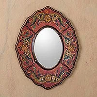 Reverse painted glass mirror, 'Red Colonial Wreath' - Handcrafted Peruvian Reverse Painted Glass Antiqued Oval Wal