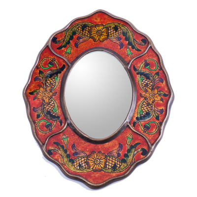 Reverse painted glass mirror, 'Red Colonial Wreath' - Handcrafted Peruvian Reverse Painted Glass Antiqued Oval Wal