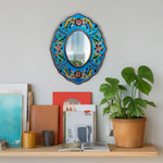 Reverse painted glass mirror, 'Blue Colonial Wreath' - Fair Trade Reverse Painted Glass Wall Mirror in Aged Blue