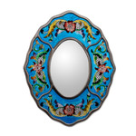 Reverse painted glass mirror, 'Blue Colonial Wreath' - Fair Trade Reverse Painted Glass Wall Mirror in Aged Blue