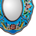 Reverse painted glass mirror, 'Blue Colonial Wreath' - Fair Trade Reverse Painted Glass Wall Mirror in Aged Blue