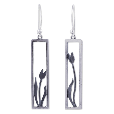 Sterling silver dangle earrings, 'Tulip in the Window' - Modern Artisan Crafted Framed Tulip Silver Earrings