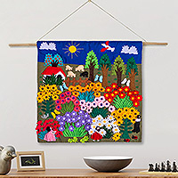 Applique wall hanging, 'Harvesting Joy' - Cheerful Applique Arpilleria Wall Hanging from Peru