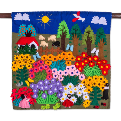 Applique wall hanging, 'Harvesting Joy' - Cheerful Applique Arpilleria Wall Hanging from Peru