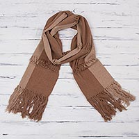 Cotton scarf, 'Earth Warmth' - Hand Woven Brown Cotton Scarf Unisex Style from Peru