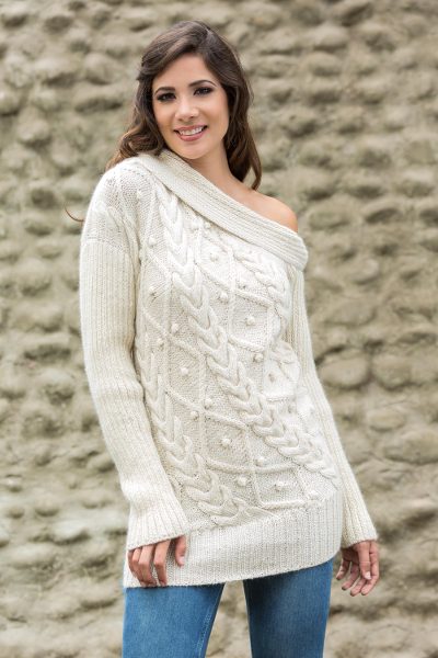 100% alpaca sweater, 'Diamond Dreams' - Hand Knitted Off the Shoulder Alpaca Sweater from Peru