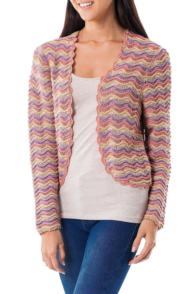 100% Cotton Cardigan in Pastel Colors Knitted by Hand
