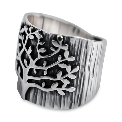 Sterling silver band ring, 'Tree in Spring' - Handcrafted Sterling Silver Tree Theme Wide Band Ring