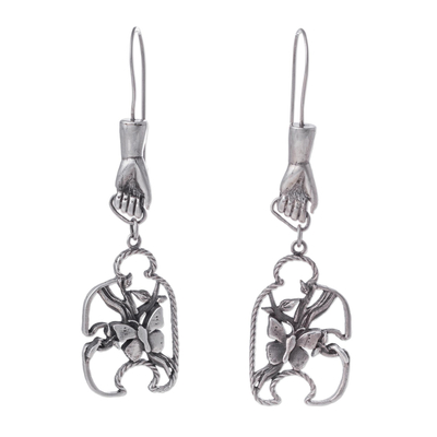 Sterling silver dangle earrings, 'God's Hand in Eden' - Creation Theme Sterling Silver Earrings from Peru