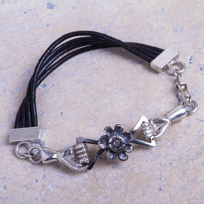 Sterling silver cord bracelet, 'God's Hand in Eden' - Black Cord Creation Theme Sterling Silver Bracelet from Peru