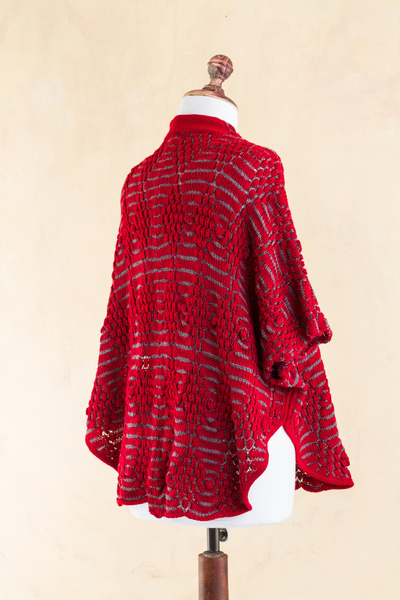 Alpaca blend cape, 'Regina' - Red Diamonds on Grey Alpaca Blend Knitted Cape from Peru