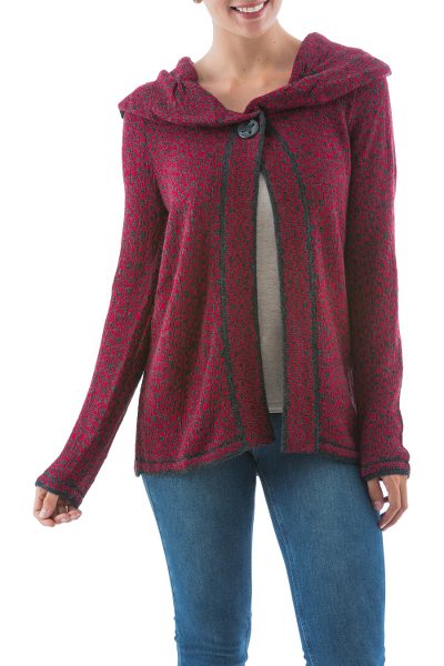 Alpaca blend cardigan, 'Crimson Diva' - Long Sleeve Red Cardigan in Soft Alpaca Blend from Peru