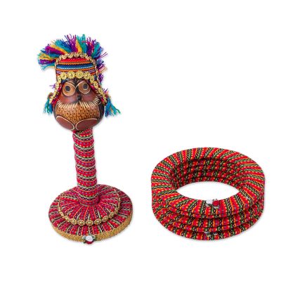 Dried gourd stacking desktop ring toss set, 'Inca Emperor Owl' - Handmade Inca Chief Owl Dried Gourd on Desktop Ring Toss Set