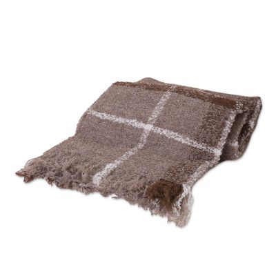 Alpaca blend throw, 'Mocha Plaid Boucle' - Soft Handwoven Alpaca Blend Boucle Throw in Brown Plaid with