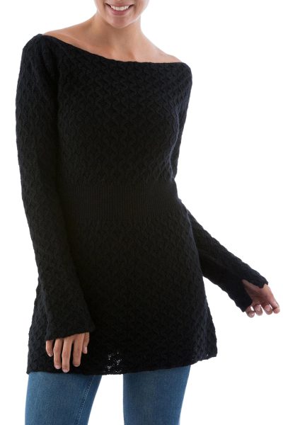 100% alpaca tunic, 'Azabache' - Black 100% Alpaca Tunic Long Sleeve Sweater from Peru