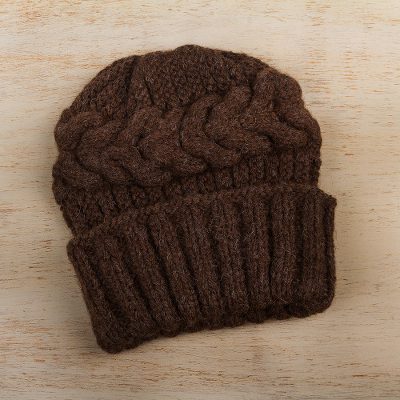 Alpaca blend hat, 'Espresso Braid' - Andean Fair Trade Hand Knit Alpaca Blend Unisex Watchmans St