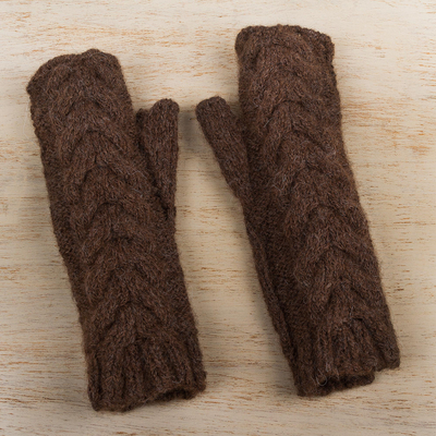 Alpaca blend fingerless mitts, 'Chocolate Braid' - Andean Fair Trade Hand Knit Medium Length Fingerless Gloves