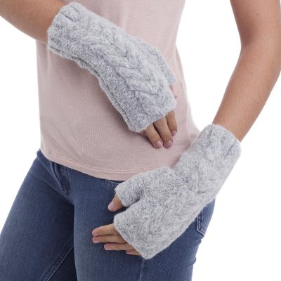 Alpaca blend fingerless mitts, 'Cloud Grey Braid' - Light Grey Andean Alpaca Blend Hand Knitted Fingerless Glove