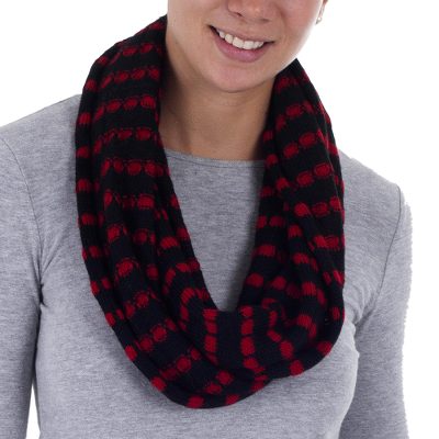 Alpaca blend infinity scarf, 'Parallel Black' - Knit Alpaca Blend Infinity Scarf in Red and Black Stripes