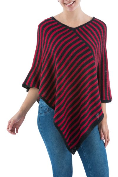 Alpaca blend poncho, 'Bold and Bright' - Red and Black Striped Andean Alpaca Blend Poncho