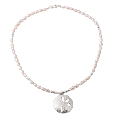 Cultured pearl flower pendant necklace, 'Delicate Petals' - Womens Silver and Pearl Pendant Flower Necklace from Peru