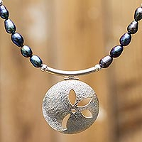 Cultured pearl flower necklace, 'Iridescent Petals' - Peruvian .925 Silver and Pearl Pendant Necklace for Women