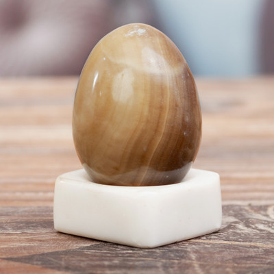 Aragonite egg, 'Incipient Earth' - Aragonite Egg Sculpture and White Onyx Display Stand